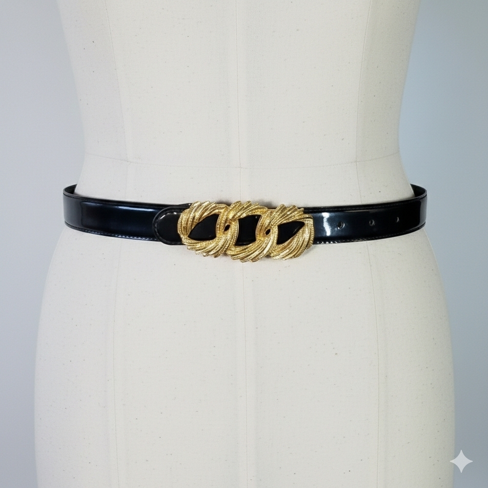 Crown Pacific 30-34" NEW Vintage Patent Leather Black Gold Buckle Triple Ring